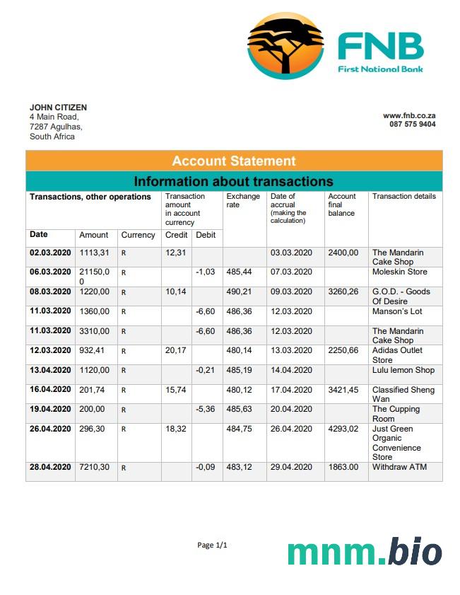 Republika Południowej Afryki FNB szablon w formacie excel pdf